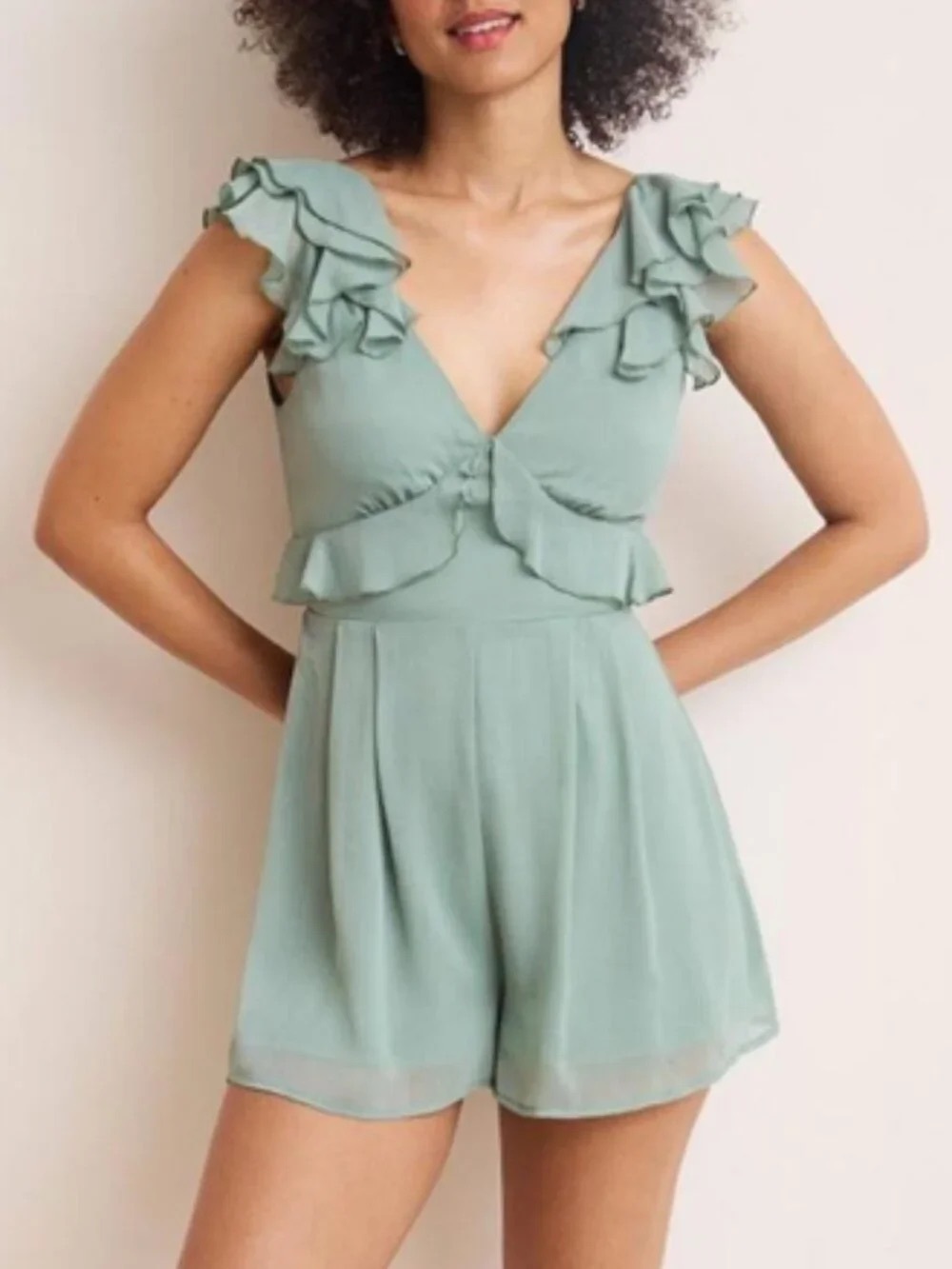 Francesca’s Kaia Ruffled V-Neck Sage Green Romper